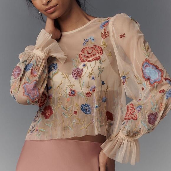 Anthropologie The Layla Long Sleeve appliqué Mesh Blouse in Light Sand NWOT - Picture 1 of 7